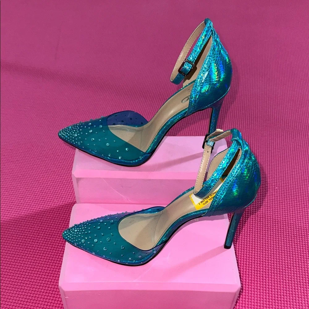 Mix No. 6 Teal Crystal-Embellished Pointed-Toe Ankle-Strap Heels (never worn) - Picture 5 of 6